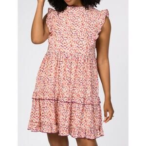 Jodifl Peach Printed Ruffle Mock Neck Tiered Cottage Mini Dress Small